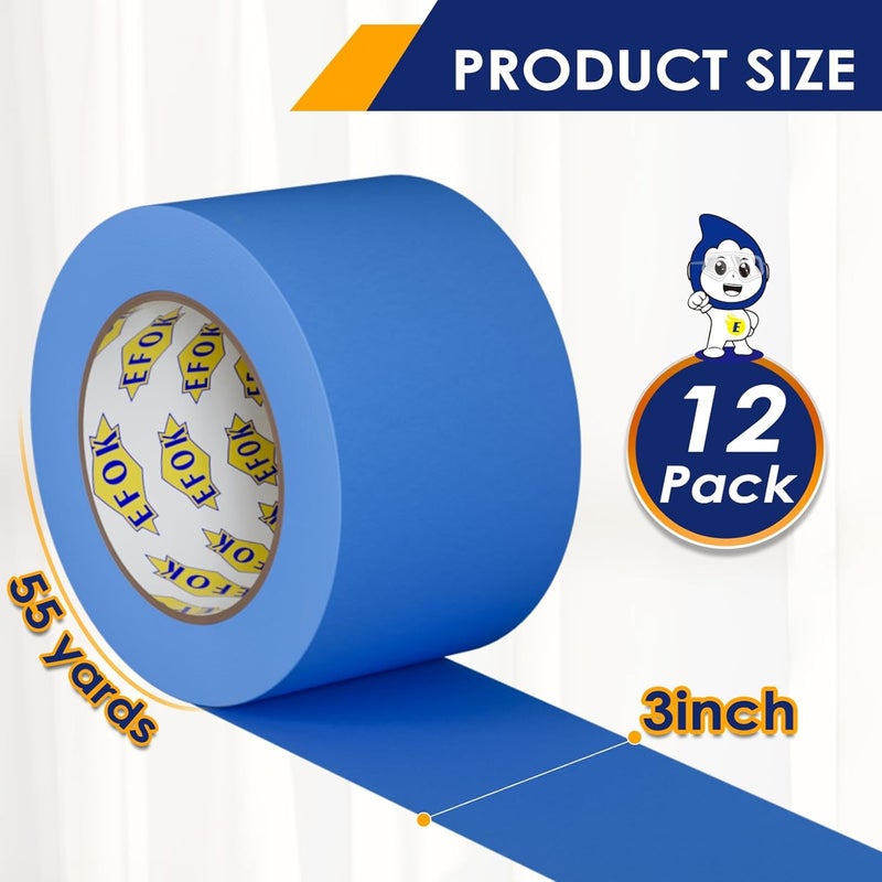 EFOK 12 Pack Blue Painters Tape 3 Inch Wide Bulk - Paint Tape 3 Inches x 55 Yards - Painter's Tape Blue Masking Tape for Walls Painting Packing Automotive Home, Total 660 Yards - Image 3